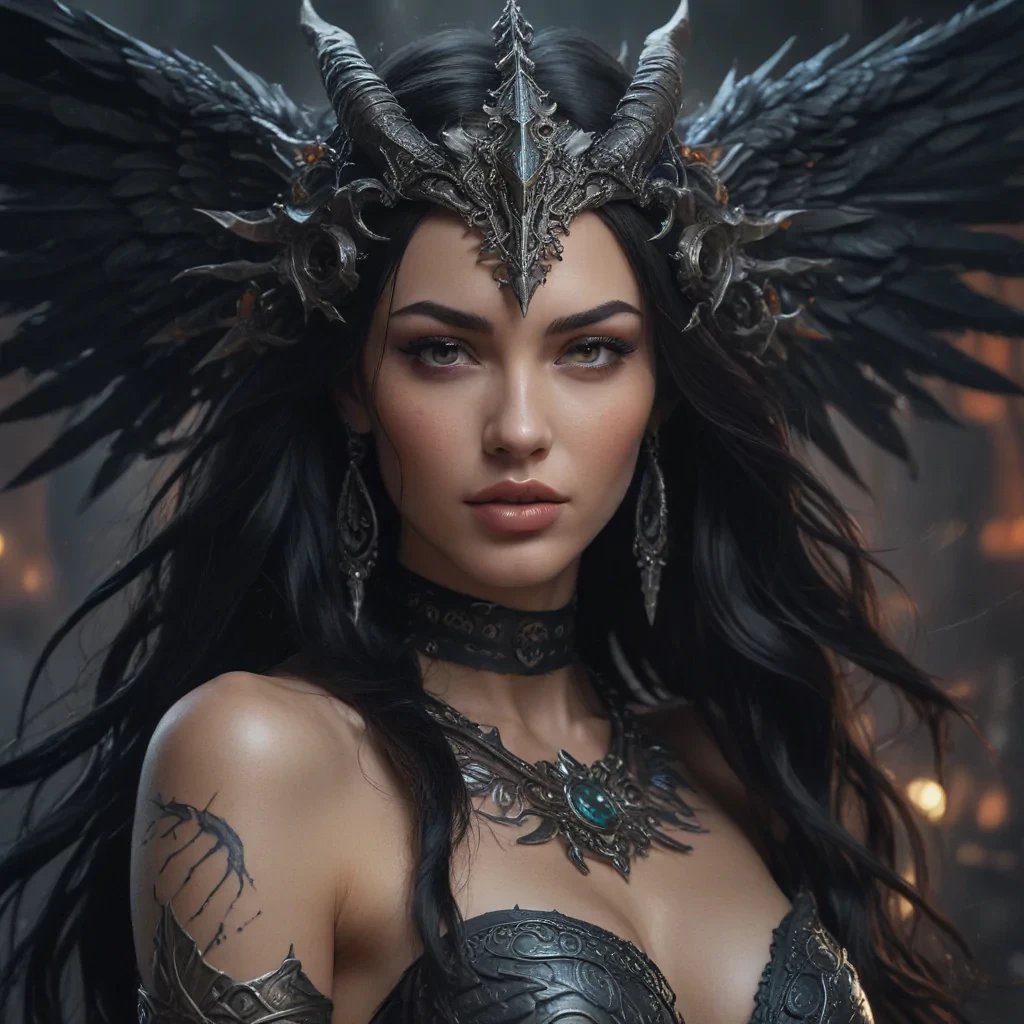 very complex hyper-maximalist overdetailed cinematic tribal darkfantasy closeup portrait of a malignant beautiful young dragon queen goddess megan fox with long black windblown hair and dragon scale wings, Magic the gathering, pale skin and dark eyes,flirting smiling succubus confident seductive, gothic, windblown hair, vibrant high contrast, by andrei riabovitchev, tomasz alen kopera,moleksandra shchaslyva, peter mohrbacher, Omnious intricate, octane, moebius, arney freytag, Fashion photo shoot, glamorous pose, trending on ArtStation, dramatic lighting, ice, fire and smoke, orthodox symbolism Diesel punk, mist, ambient occlusion, volumetric lighting, Lord of the rings, BioShock, glamorous, emotional, tattoos,shot in the photo studio, professional studio lighting, backlit, rim lighting, Deviant-art, hyper detailed illustration, 8k