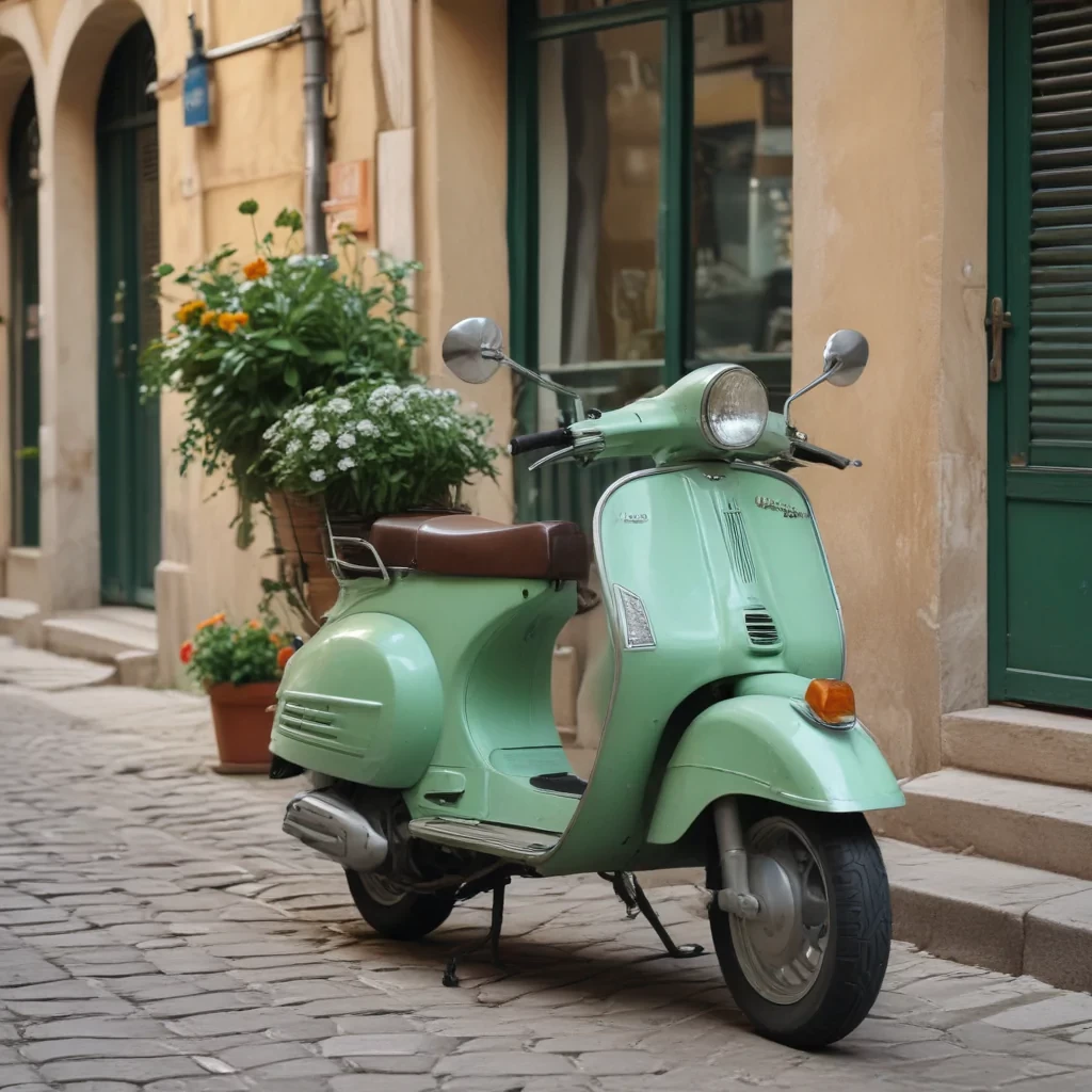 Pastel green vespa, beat, details, shining, Italian old street, paved street, flowers on the windows, perfect lighting, 8k