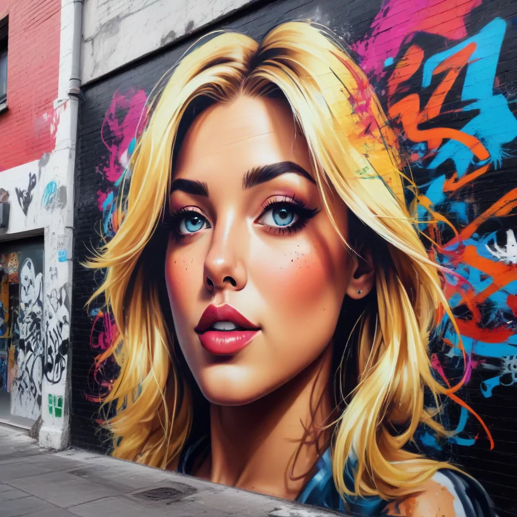 A vibrant urban street art scene with detailed graffiti, colorful murals, a bustling street with diverse characters, blond pretty woman, dynamic composition, high contrast, 4K resolution