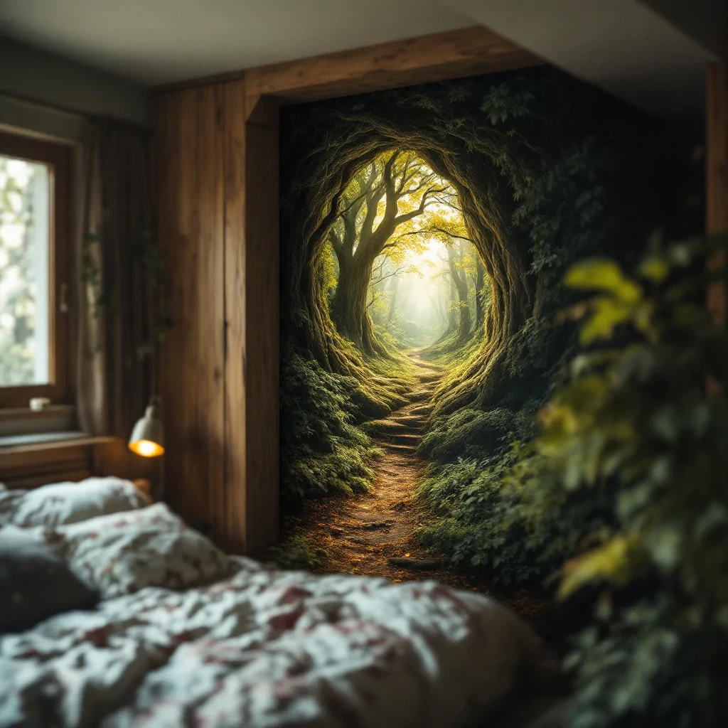 (Long focal length shot:1.7), longshot, a portal into a mythical forest on the wall of my small messy bedroom <lora:- Flux1 - impossible_geometry_V1.0:1>, telezoom photography, short depth of field, (800 mm focal length:1.5), telephoto lens image, bokeh, professional, 4k, highly detailed
