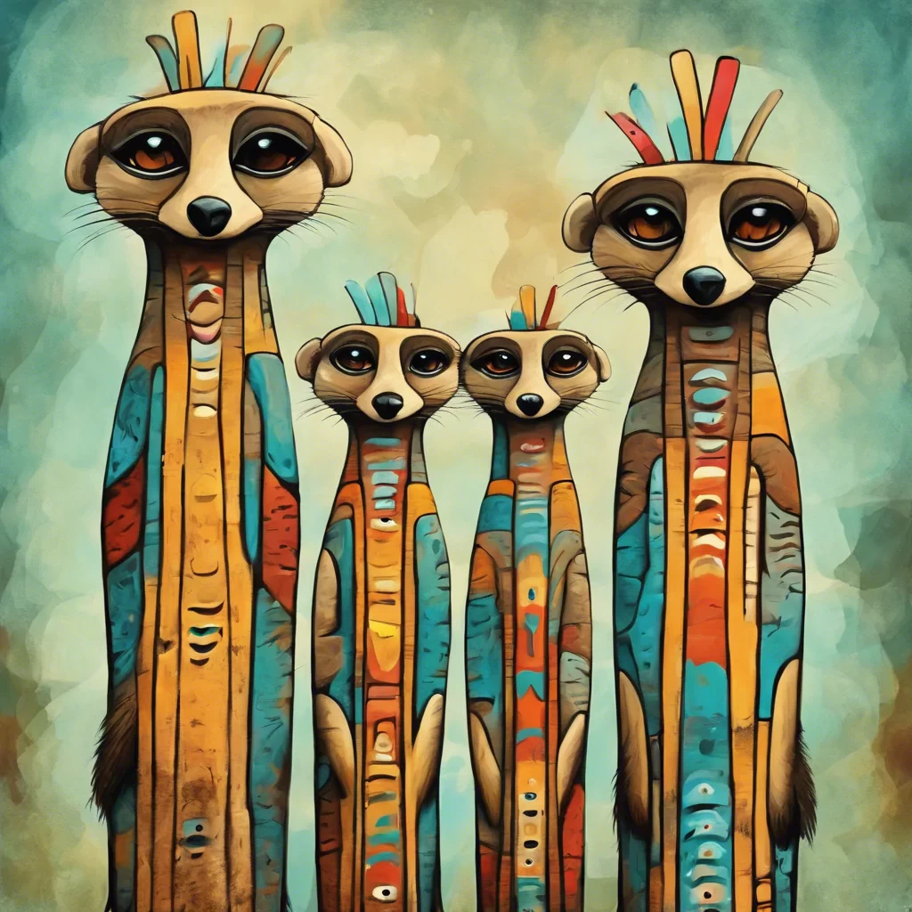 abstract painting , family of meerkats as totem poles, surreal. whimsical, style of Wysocki